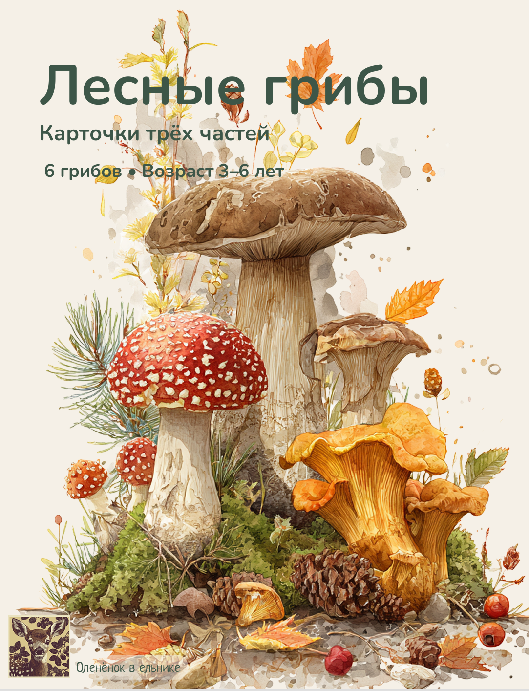 Карточки трёх частей Лесные грибы — Монтессори для детей 3–6 лет